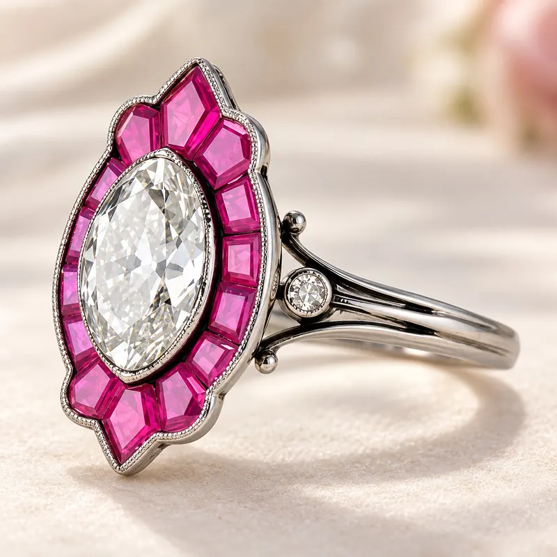 Pink sapphire halo ring — oval diamond with ruby surround